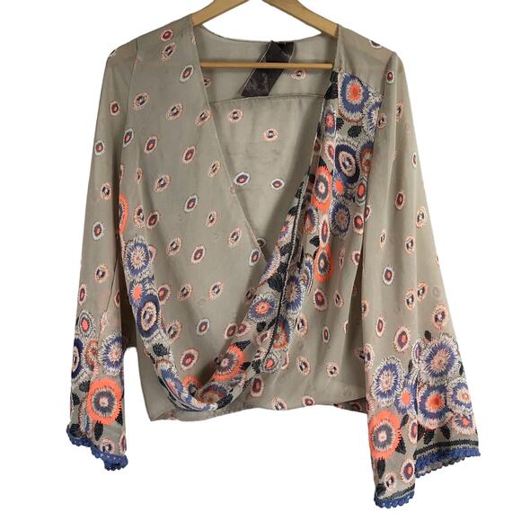Moon Collection Blouse Sz S Tan Sheer Embroidered Colorful Floral Boho Festival - Picture 1 of 7